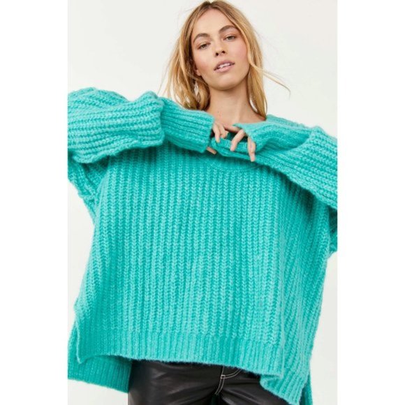 NWT Free People teal chunky knit V-neck sweater, XS - Picture 7 of 11